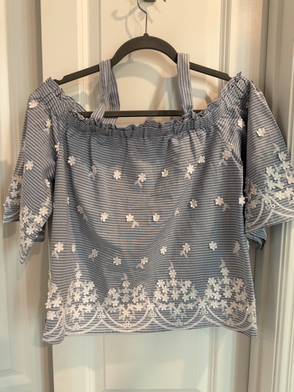 Off-Shoulder Blue Embroidered Floral Top